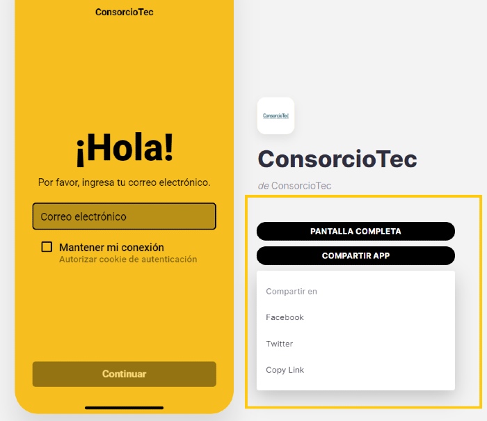 App de ConsorcioTec opciones