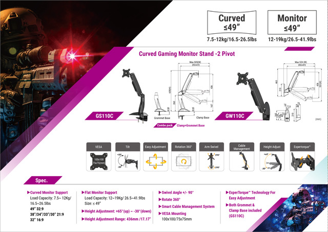 Free Style Gaming Curved Monitor Arm - GS110C